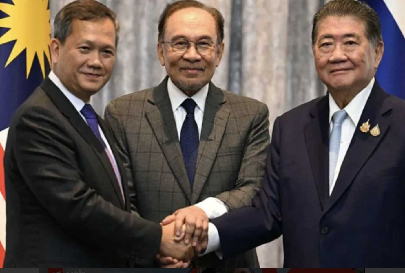 Perdana Menteri Kamboja Hun Manet, Perdana Menteri Malaysia Anwar Ibrahim, dan Perdana Menteri Thailand ad interim Phumtham Wechayachai. Foto BBC