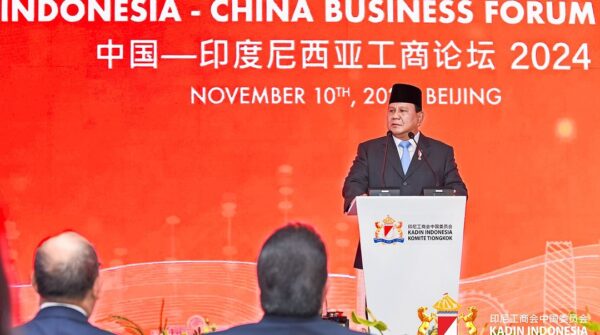 Presiden Prabowo Subianto saat menyampaikan pidatonya dalam Indonesia-China Business Forum 2024 (Sumber: Instagram Kadin Indonesia)